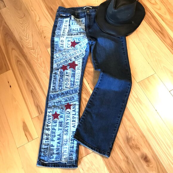 1970s Rock Band Patchwork Jeans, Size 12: Upcycled Bleached Band Patches & Stars - Picture 8 of 12